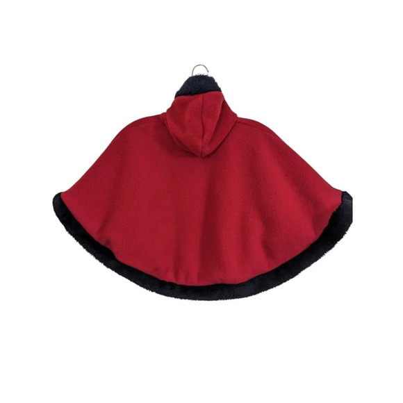Girls 4T Vintage 90s Hooded Cape Poncho Red Fleece Faux Fur Trim Armholes Warm - Picture 2 of 4